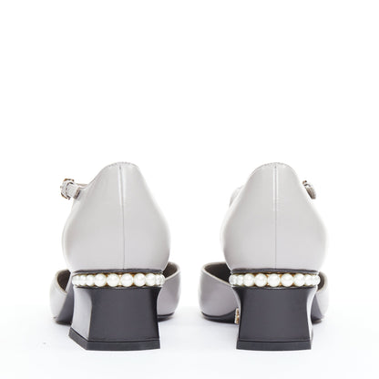 Women's Chanel grey leather pearl trimmed CC logo block heel pumps