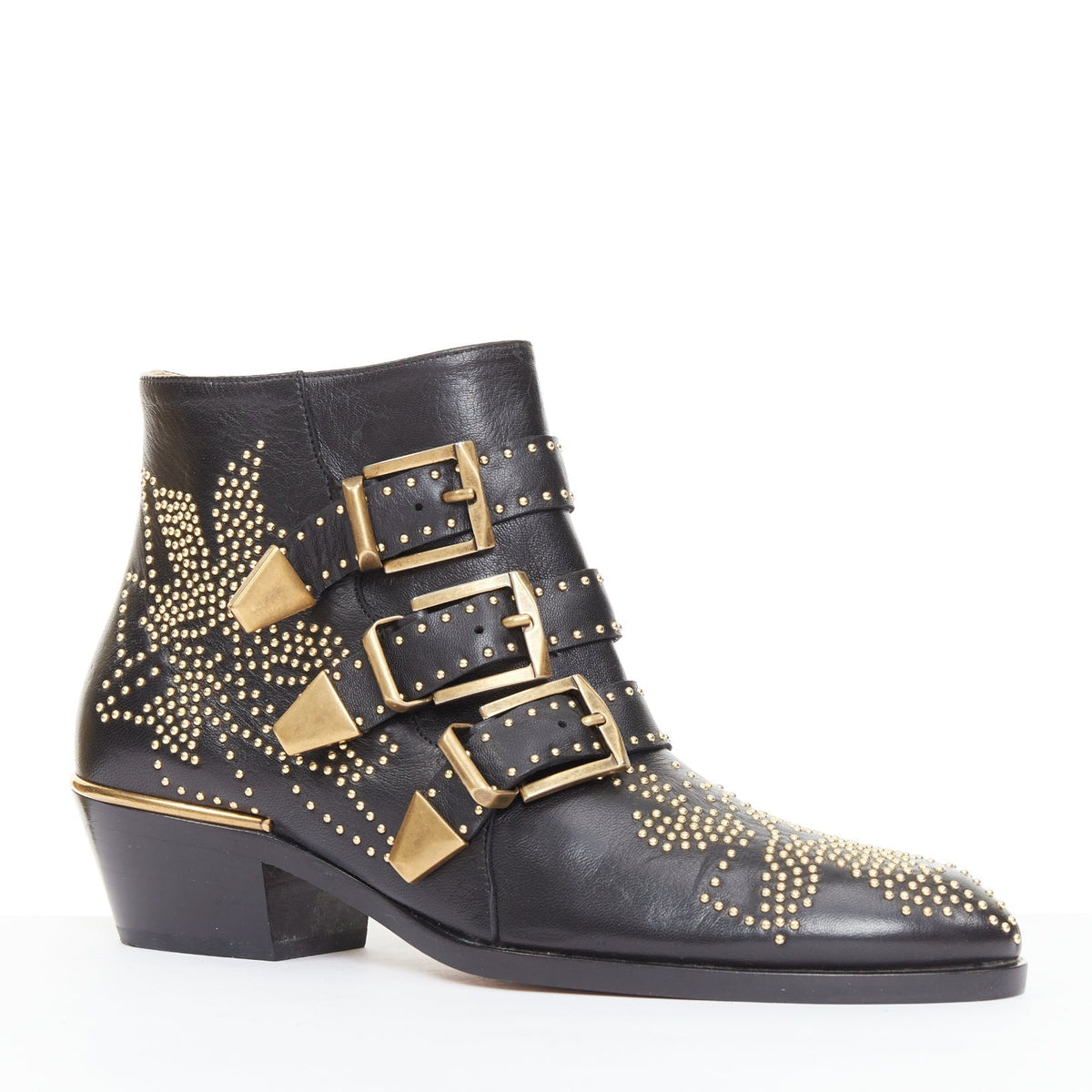 Women's Chloe Susanna black leather gold floral studded triple buckle boots