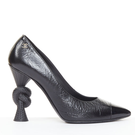 Women's Chanel Sculpted Sailor Knot black leather CC cap toe pumps