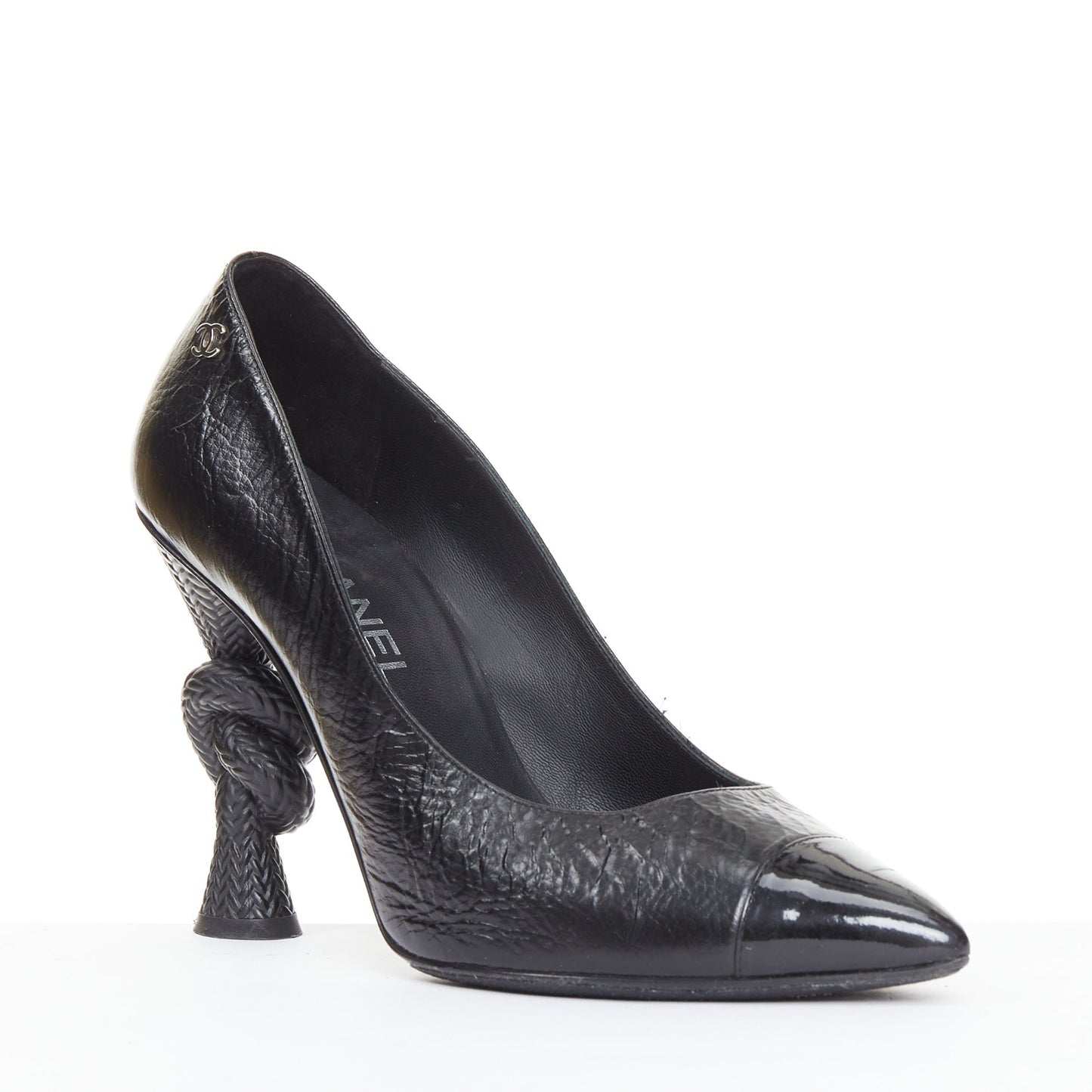 Women's Chanel Sculpted Sailor Knot black leather CC cap toe pumps