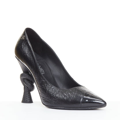 Women's Chanel Sculpted Sailor Knot black leather CC cap toe pumps
