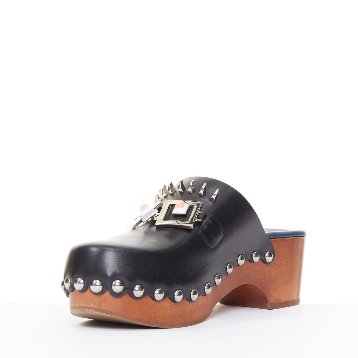 Women's Fendi Hypnoteyes Monster Bag Bug stud brown wooden clog mules