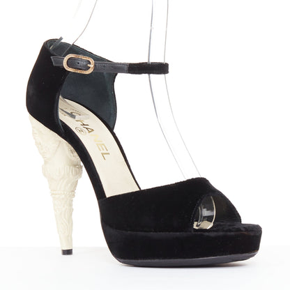 Women's Chanel Corinthian Column architectural heel velvet platform sandals