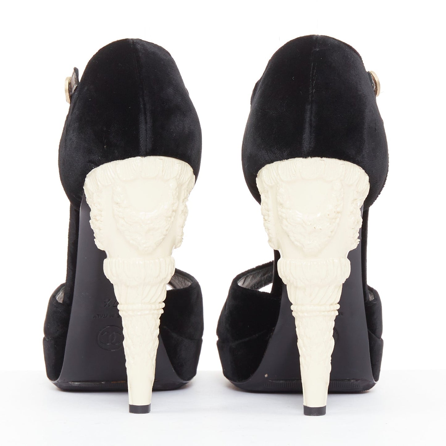 Women's Chanel Corinthian Column architectural heel velvet platform sandals