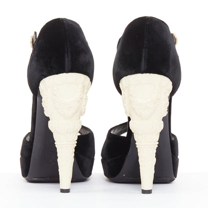 Women's Chanel Corinthian Column architectural heel velvet platform sandals