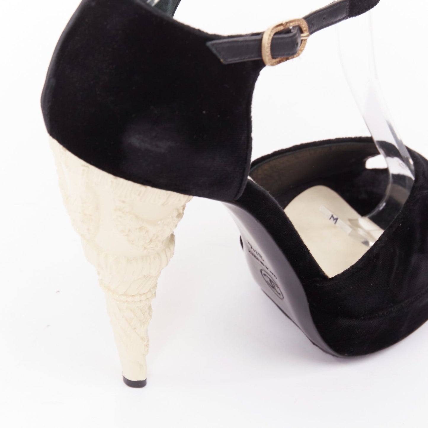 Women's Chanel Corinthian Column architectural heel velvet platform sandals