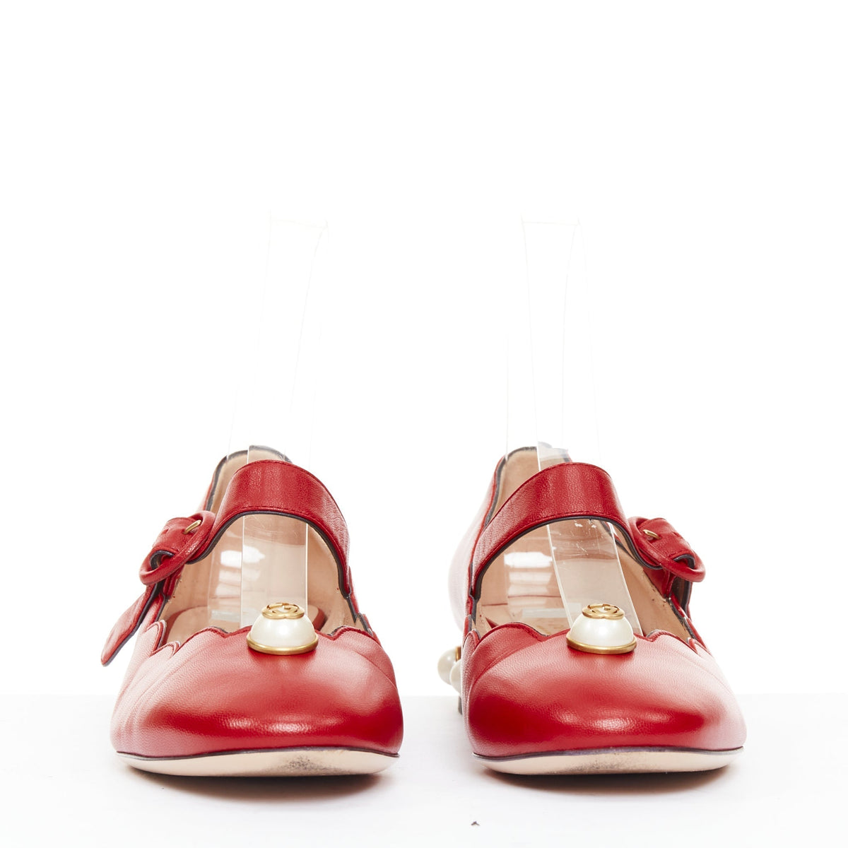 Women's Gucci Willow red calf leather GG pearl embellished flats shoes
