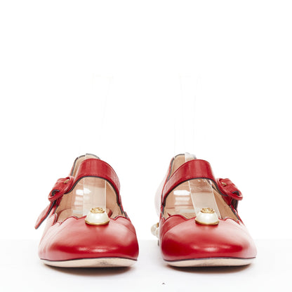Women's Gucci Willow red calf leather GG pearl embellished flats shoes