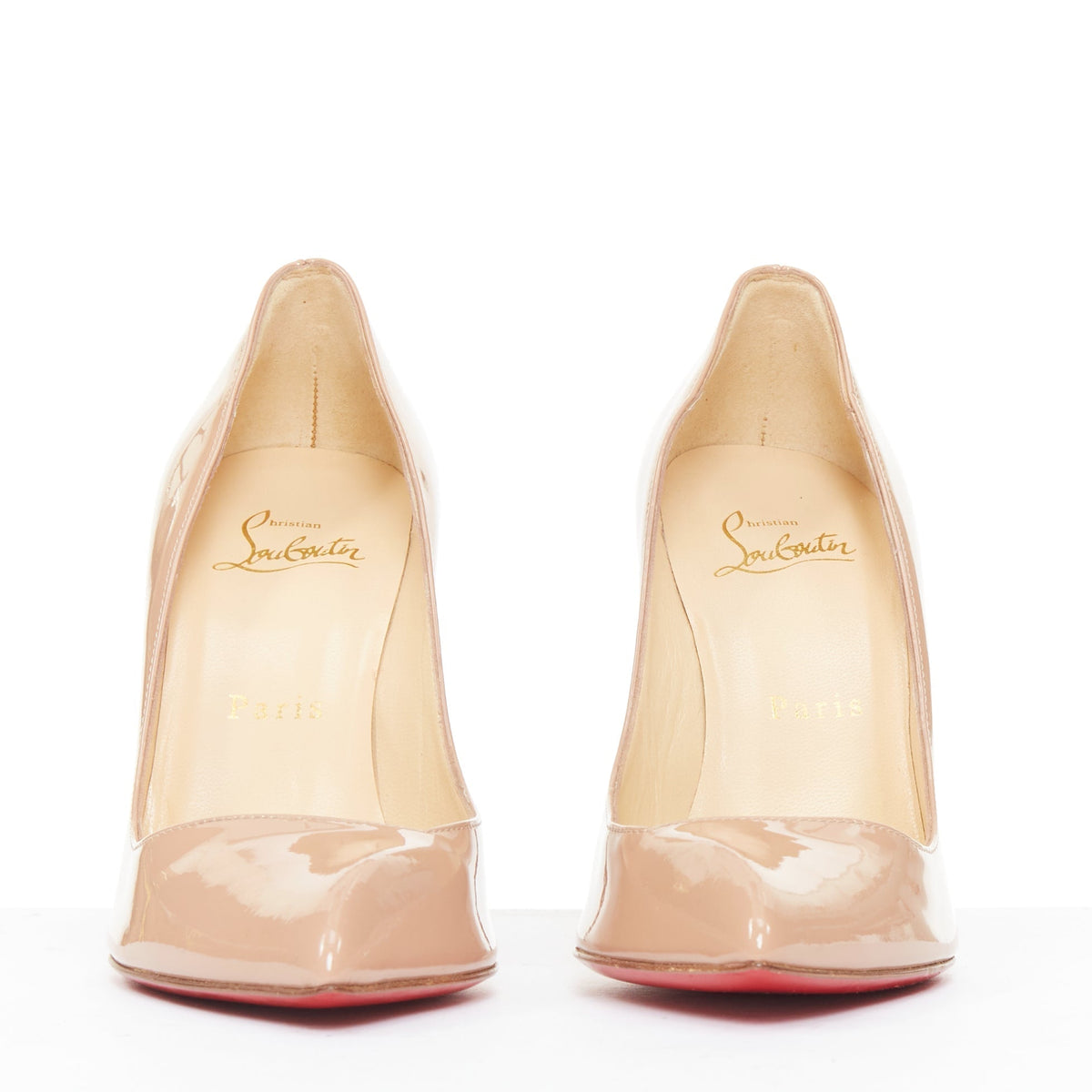 Women's Christian Louboutin Pigalle nude patent leather point toe pumps