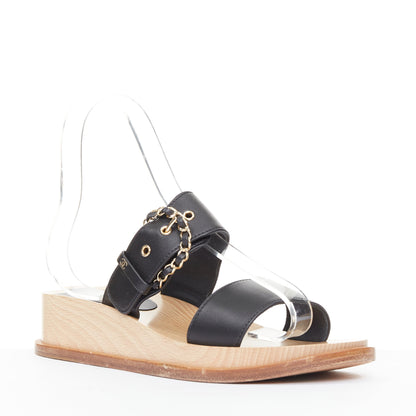 Women's Chanel black calfskin chain buckle wooden slide wedge sandals