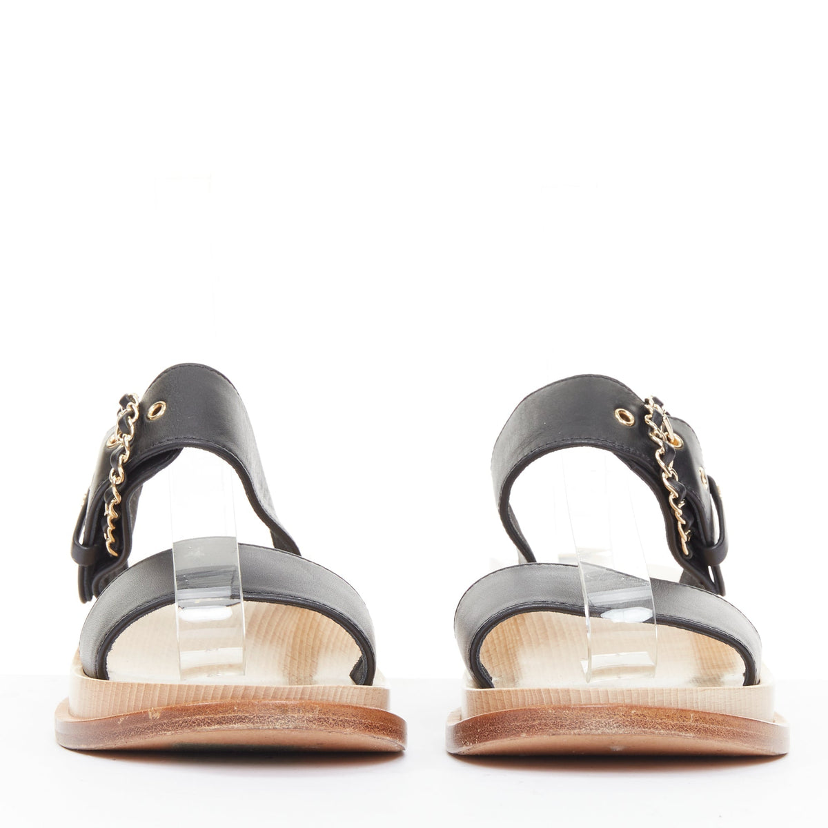 Women's Chanel black calfskin chain buckle wooden slide wedge sandals