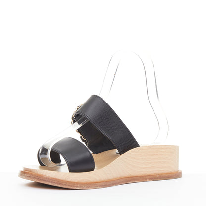 Women's Chanel black calfskin chain buckle wooden slide wedge sandals