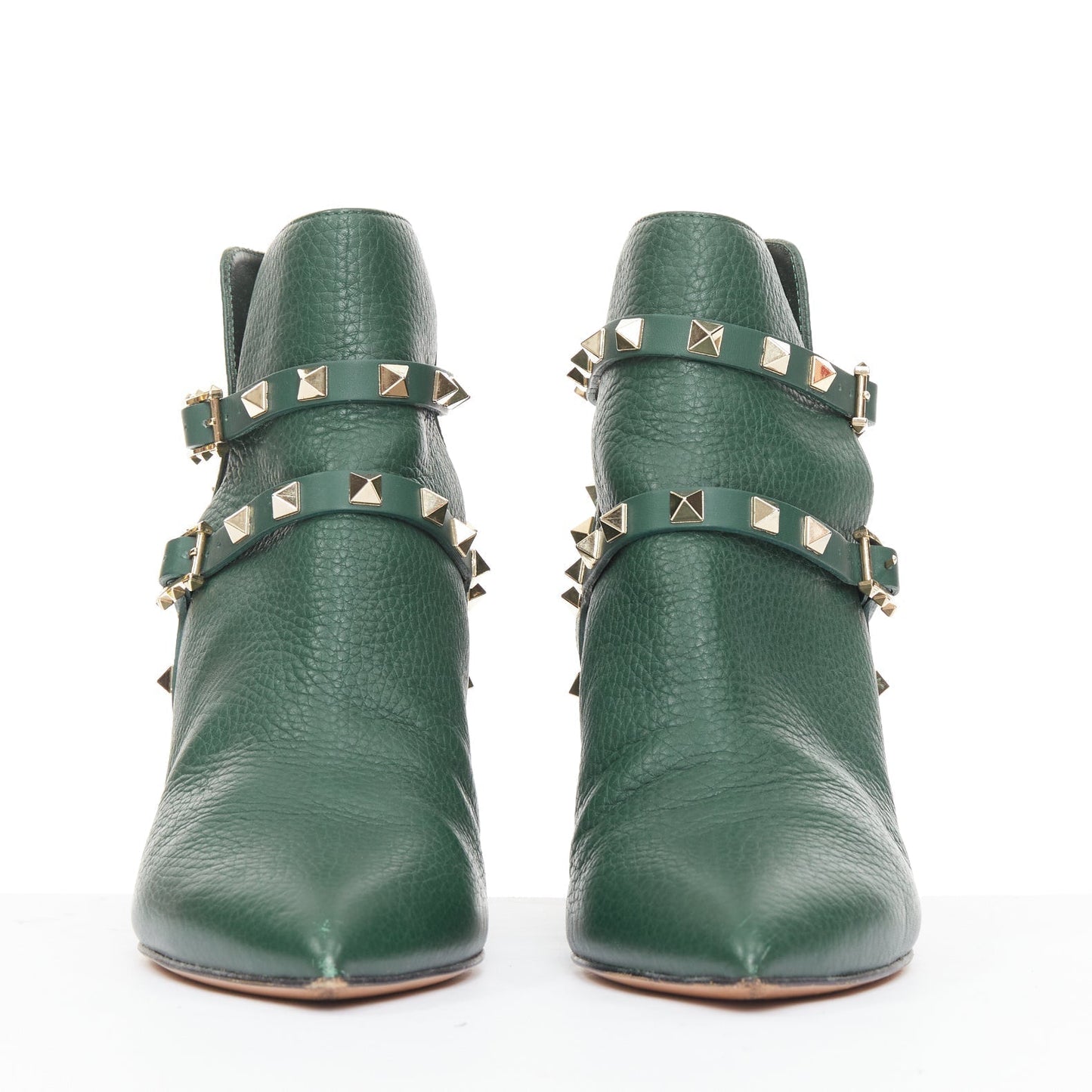 Women's Valentino Rockstud green pebbled leather gold stud boots
