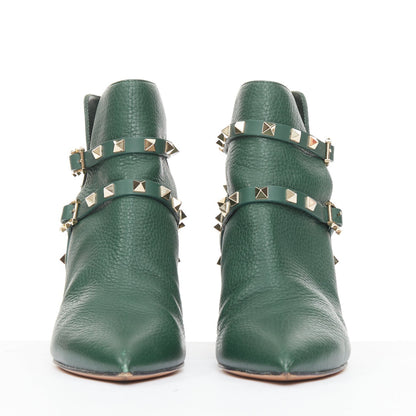 Women's Valentino Rockstud green pebbled leather gold stud boots