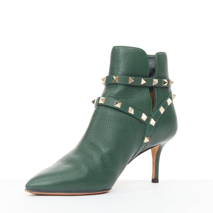 Women's Valentino Rockstud green pebbled leather gold stud boots