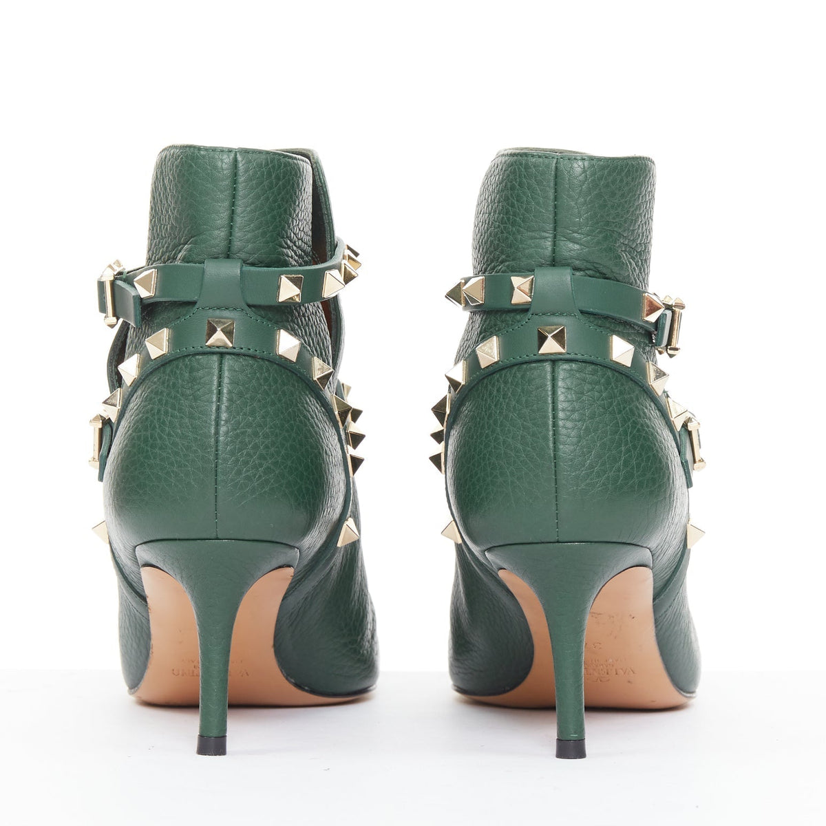 Women's Valentino Rockstud green pebbled leather gold stud boots