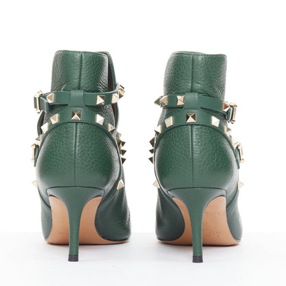 Women's Valentino Rockstud green pebbled leather gold stud boots