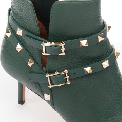 Women's Valentino Rockstud green pebbled leather gold stud boots