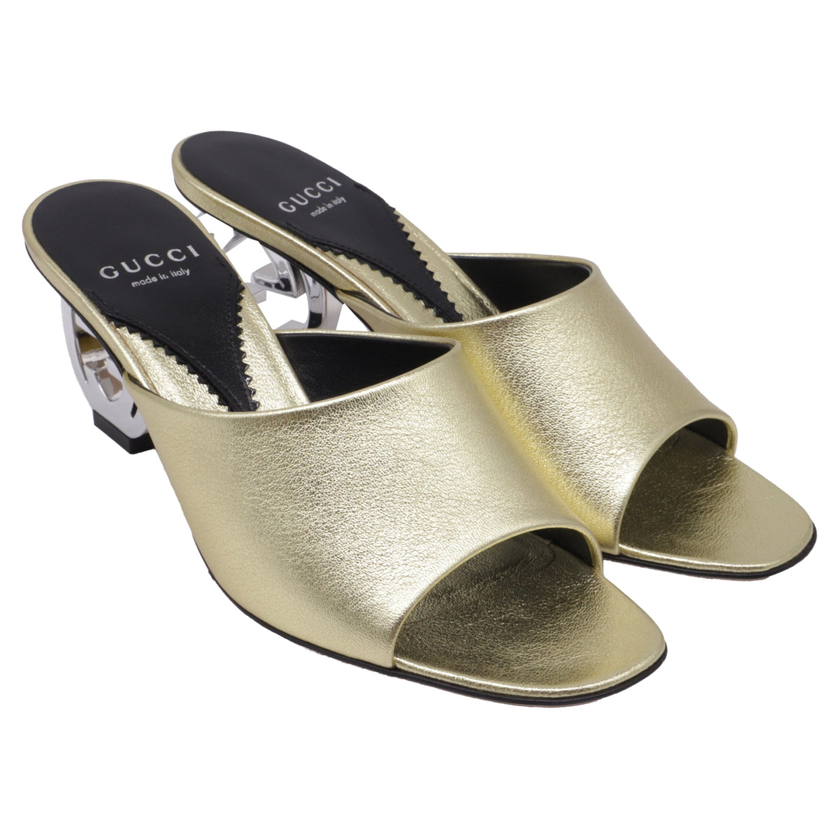 Women's  Gucci Bella Heeled Mules in Metallic Gold Leather
