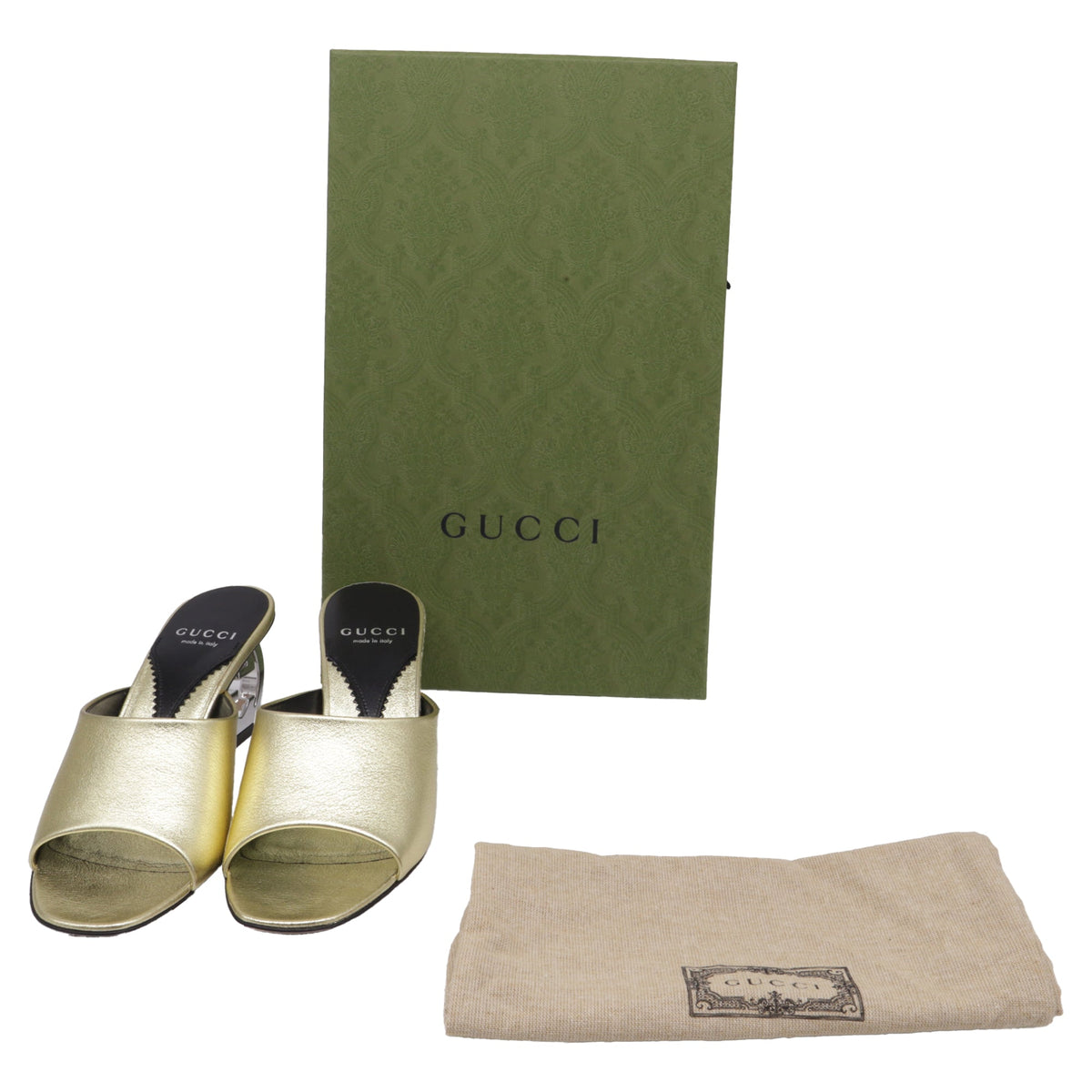 Women's  Gucci Bella Heeled Mules in Metallic Gold Leather