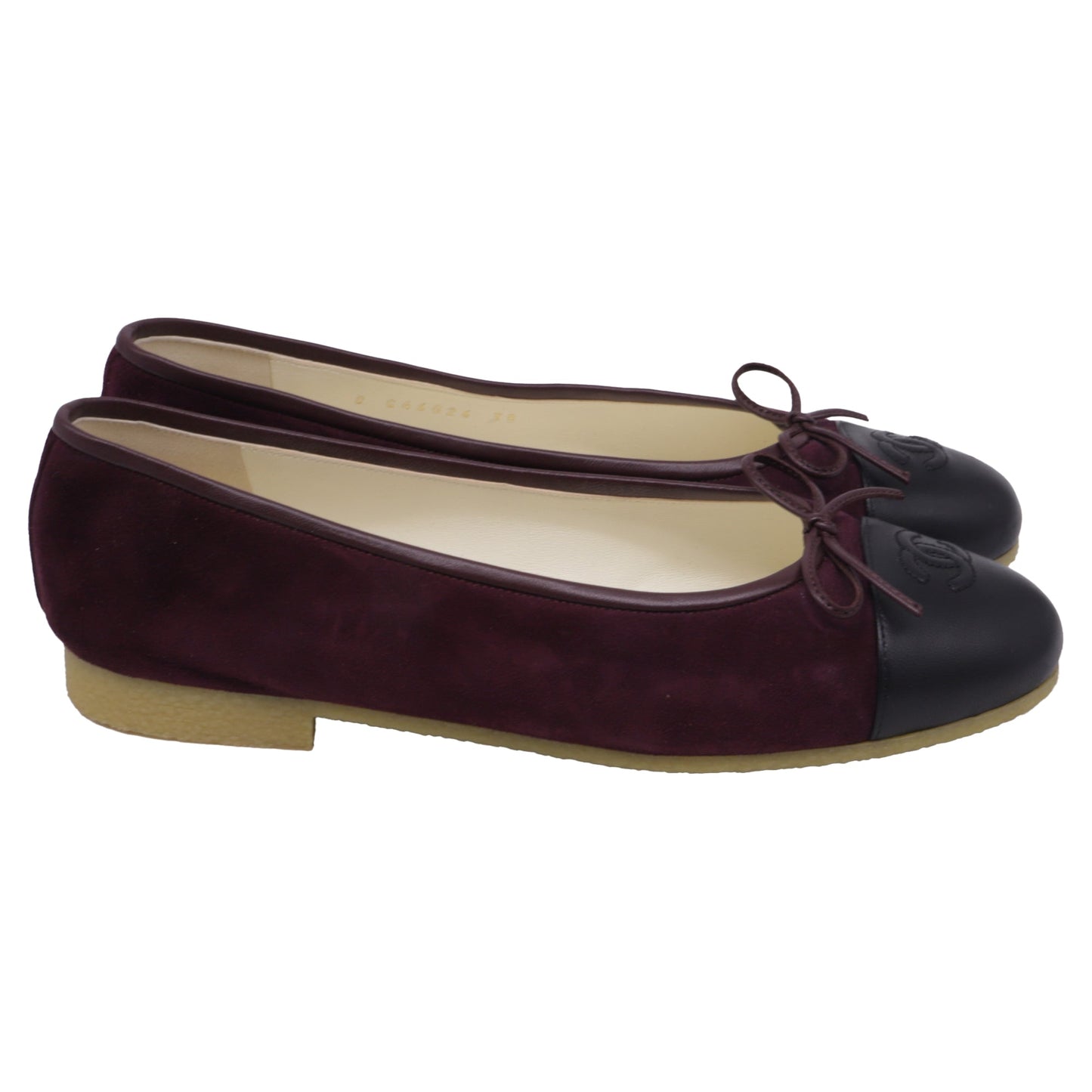 Women's  Chanel CC Bow Cap-Toe Ballet Flats in Burgundy Suede