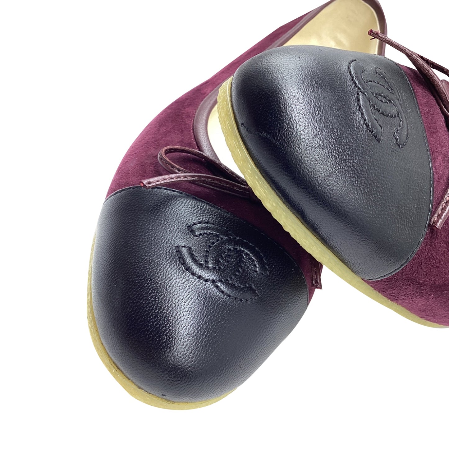 Women's  Chanel CC Bow Cap-Toe Ballet Flats in Burgundy Suede