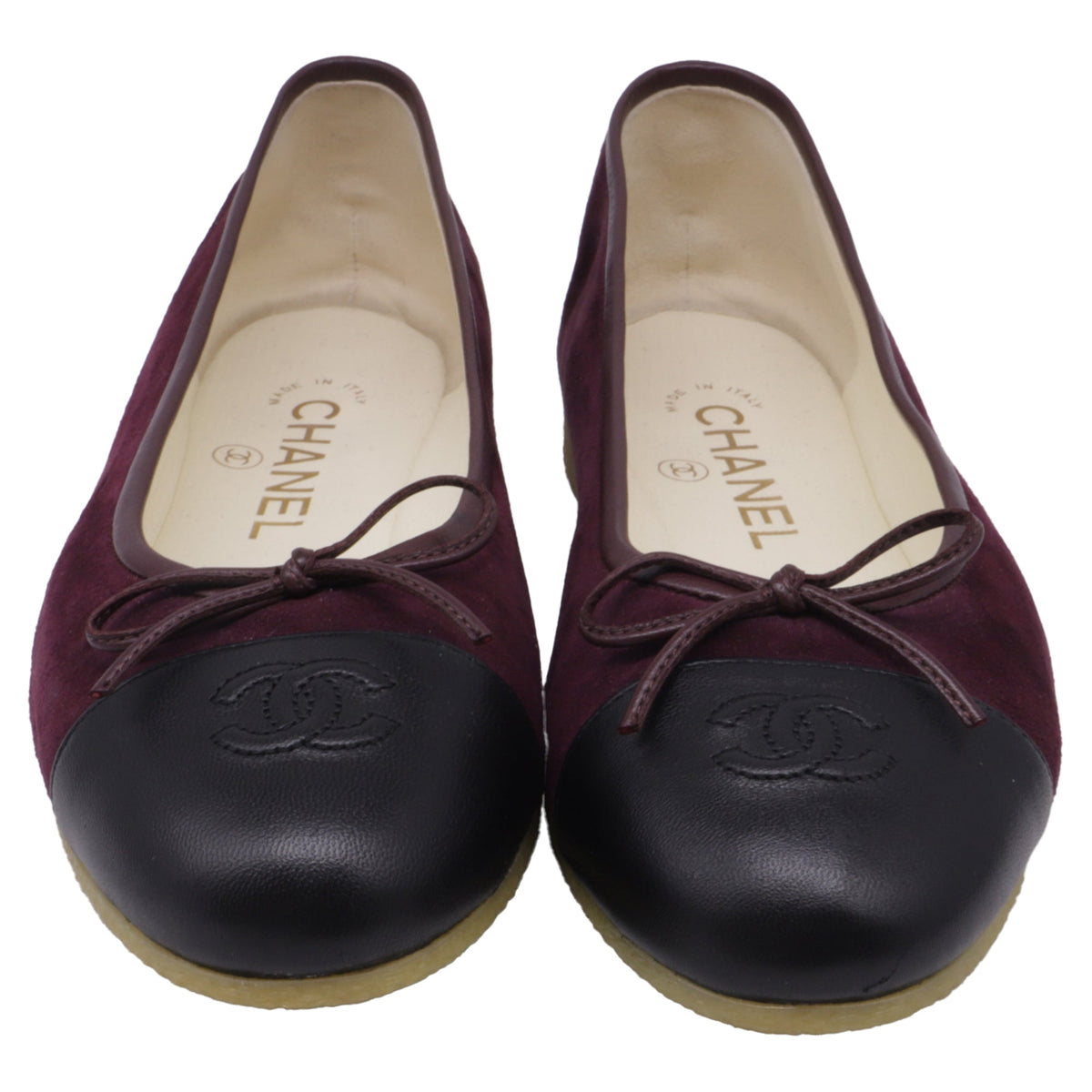 Women's  Chanel CC Bow Cap-Toe Ballet Flats in Burgundy Suede