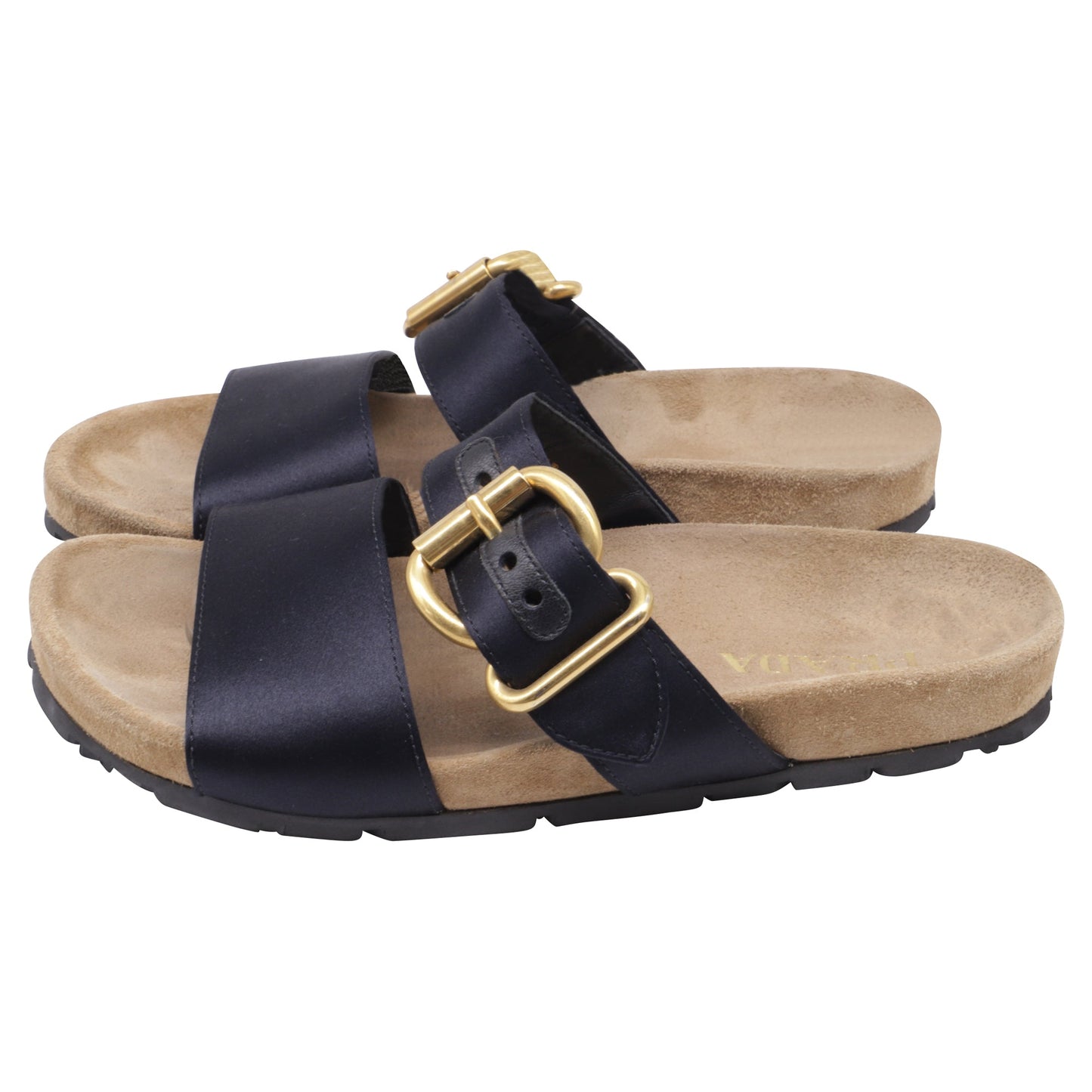 Women's  Prada Double-Strap Slide Sandals in Black Satin