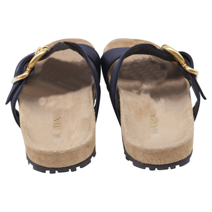 Women's  Prada Double-Strap Slide Sandals in Black Satin