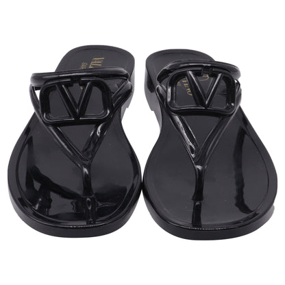 Women's  Valentino Garavani VLogo Thong Slide Sandals in Black Rubber