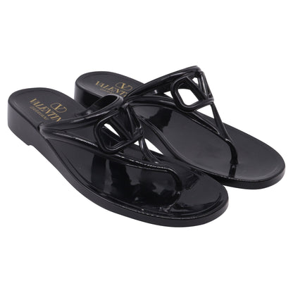 Women's  Valentino Garavani VLogo Thong Slide Sandals in Black Rubber