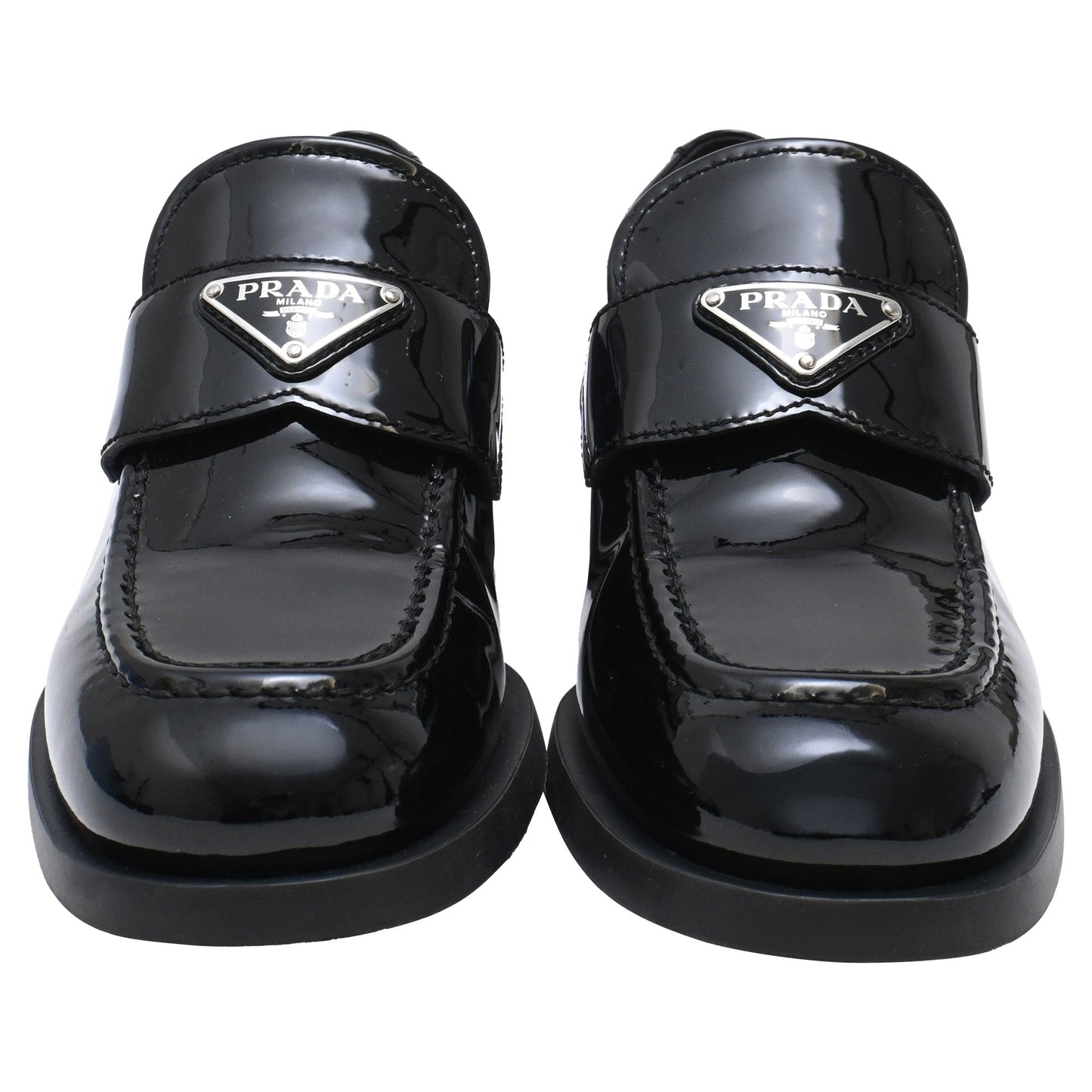 Women's Prada Triangle Logo Loafers in Black Patent Leather