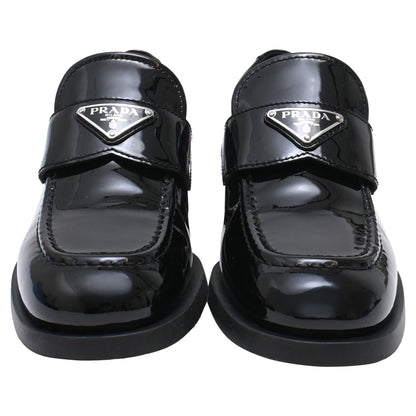 Women's Prada Triangle Logo Loafers in Black Patent Leather