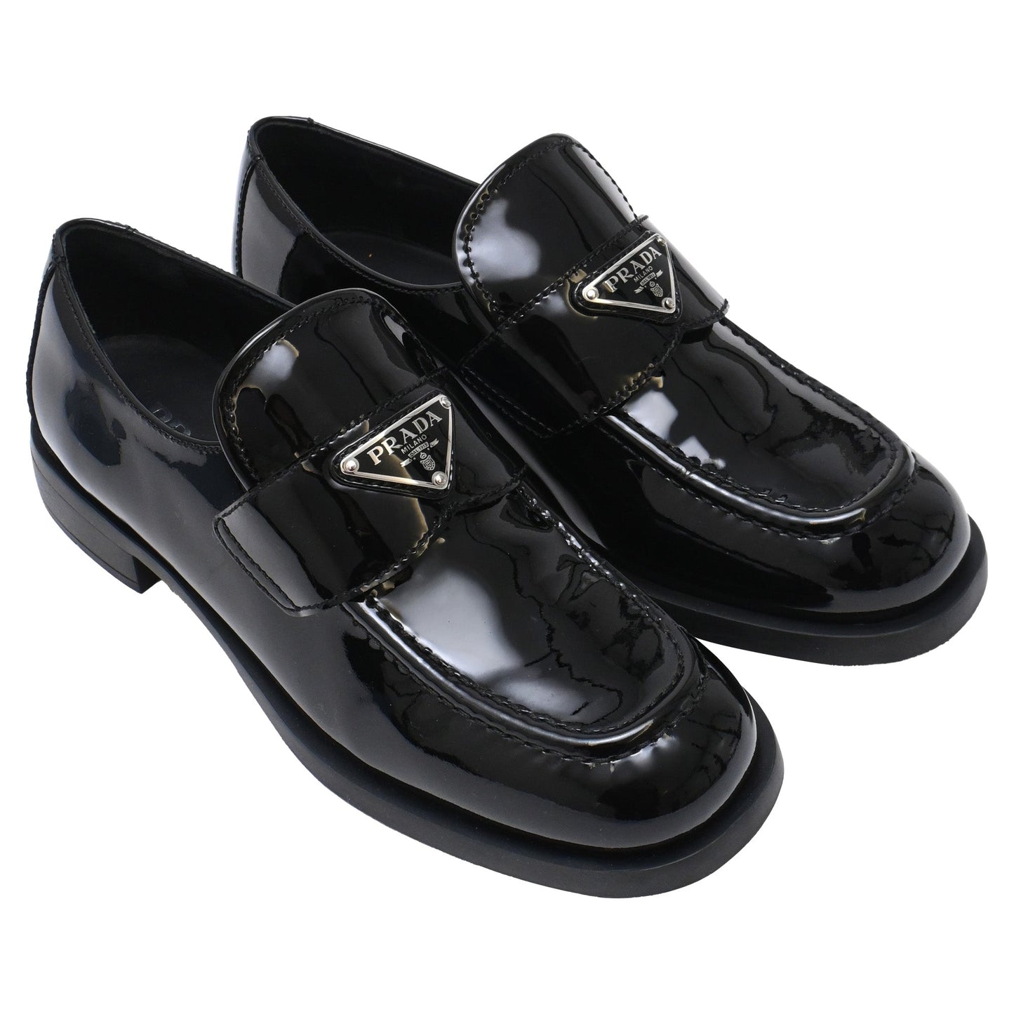 Women's Prada Triangle Logo Loafers in Black Patent Leather