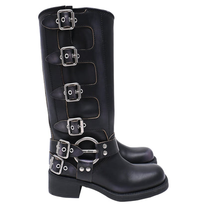 Women's Miu Miu Buckle Strap Biker Boots in Black Leather