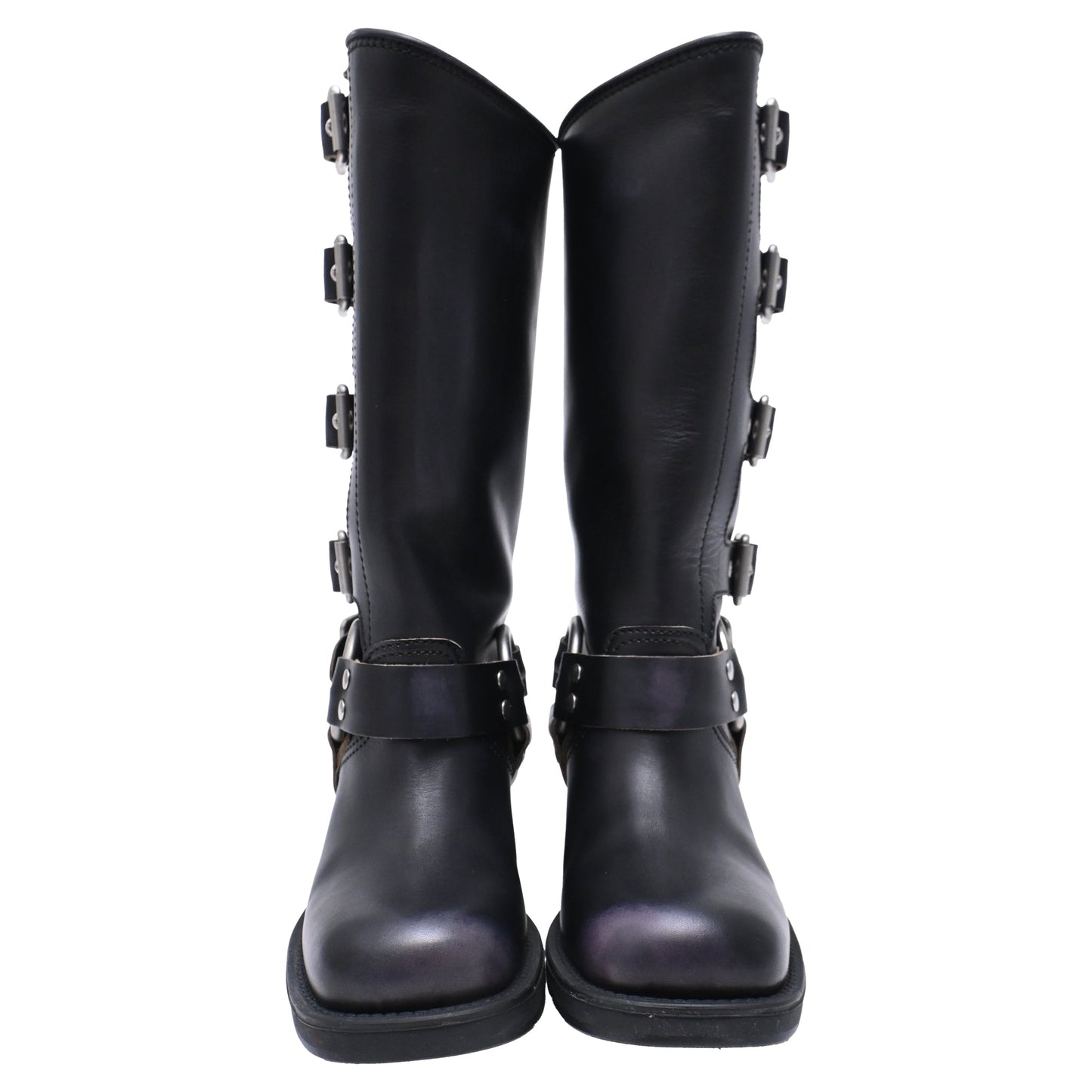 Women's Miu Miu Buckle Strap Biker Boots in Black Leather