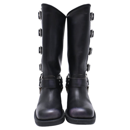 Women's Miu Miu Buckle Strap Biker Boots in Black Leather
