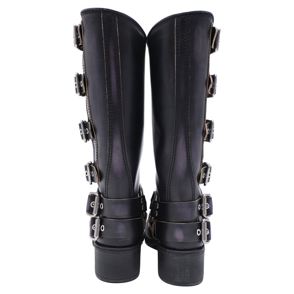 Women's Miu Miu Buckle Strap Biker Boots in Black Leather