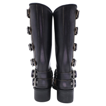 Women's Miu Miu Buckle Strap Biker Boots in Black Leather