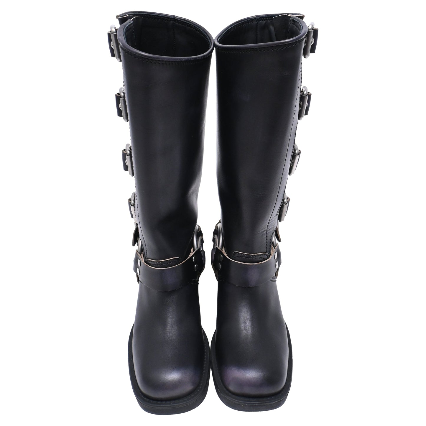 Women's Miu Miu Buckle Strap Biker Boots in Black Leather