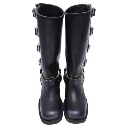 Women's Miu Miu Buckle Strap Biker Boots in Black Leather