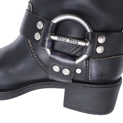 Women's Miu Miu Buckle Strap Biker Boots in Black Leather