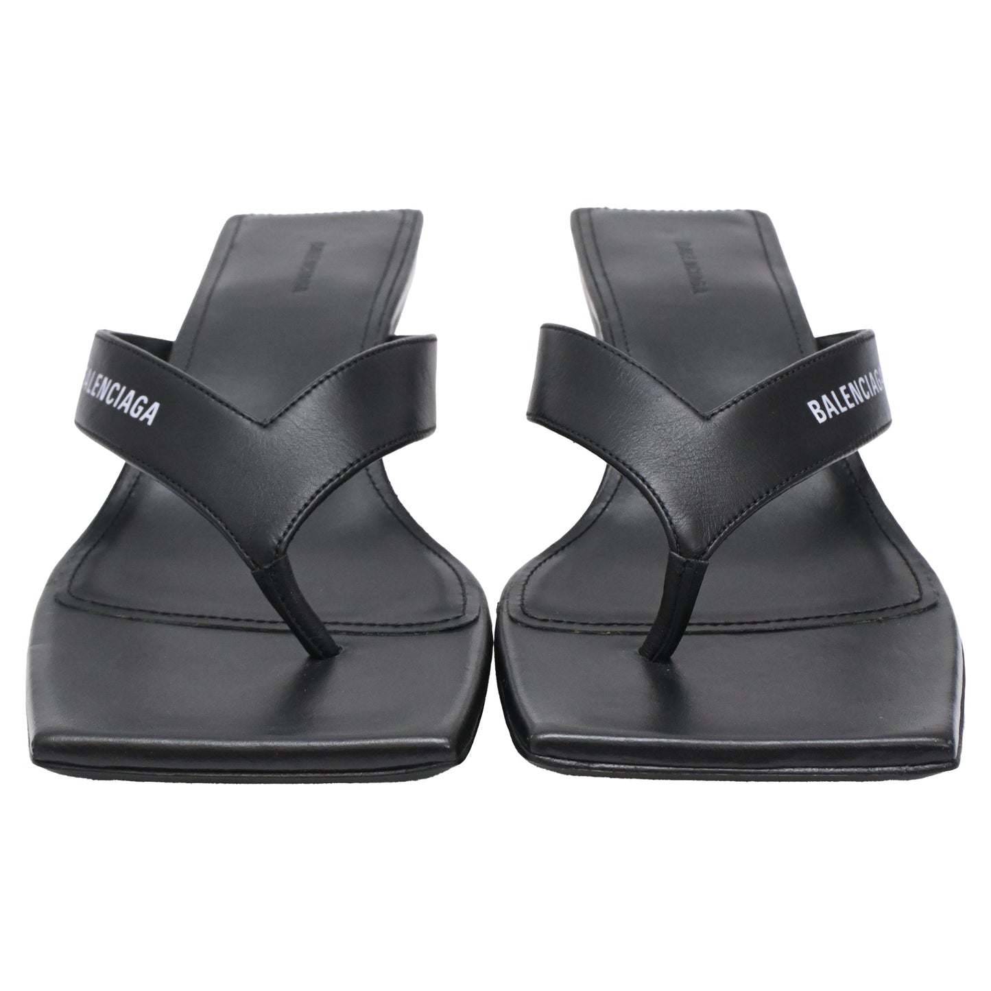 Women's  Balenciaga Square-Toe Kitten-Heel Thong Sandals in Black Leather