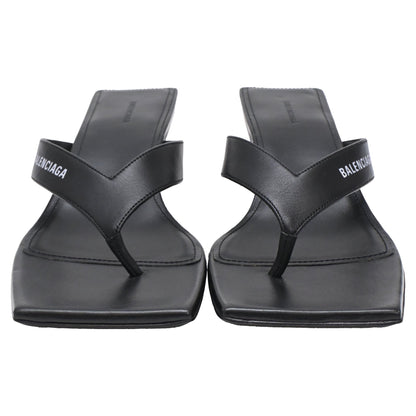 Women's  Balenciaga Square-Toe Kitten-Heel Thong Sandals in Black Leather
