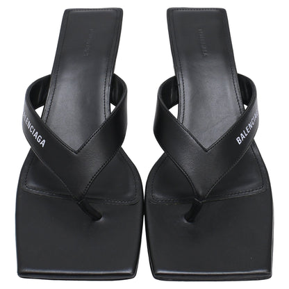 Women's  Balenciaga Square-Toe Kitten-Heel Thong Sandals in Black Leather