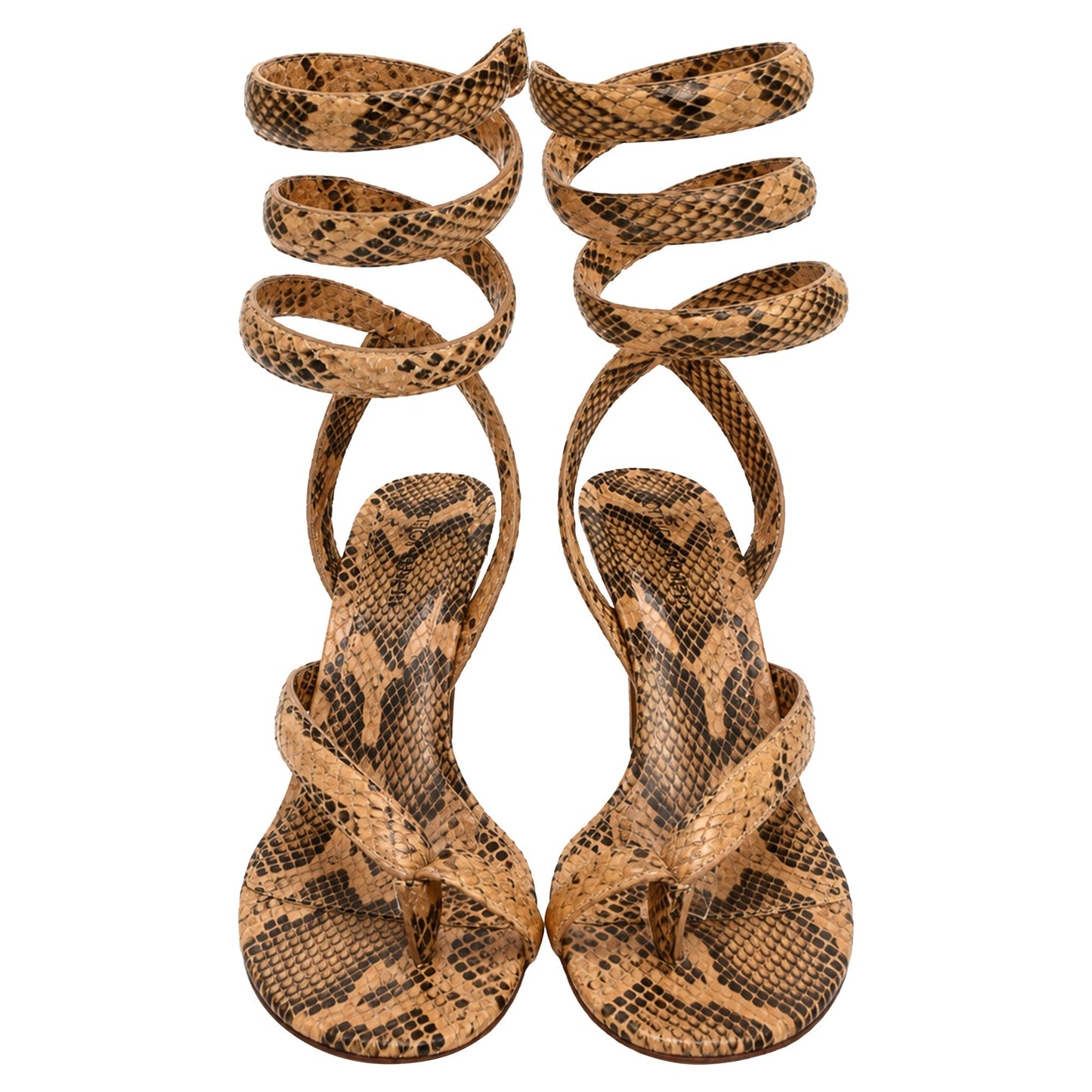 Women's  Bottega Veneta Snakeskin-Effect Wrap Around Sandal Heels in Brown Leather