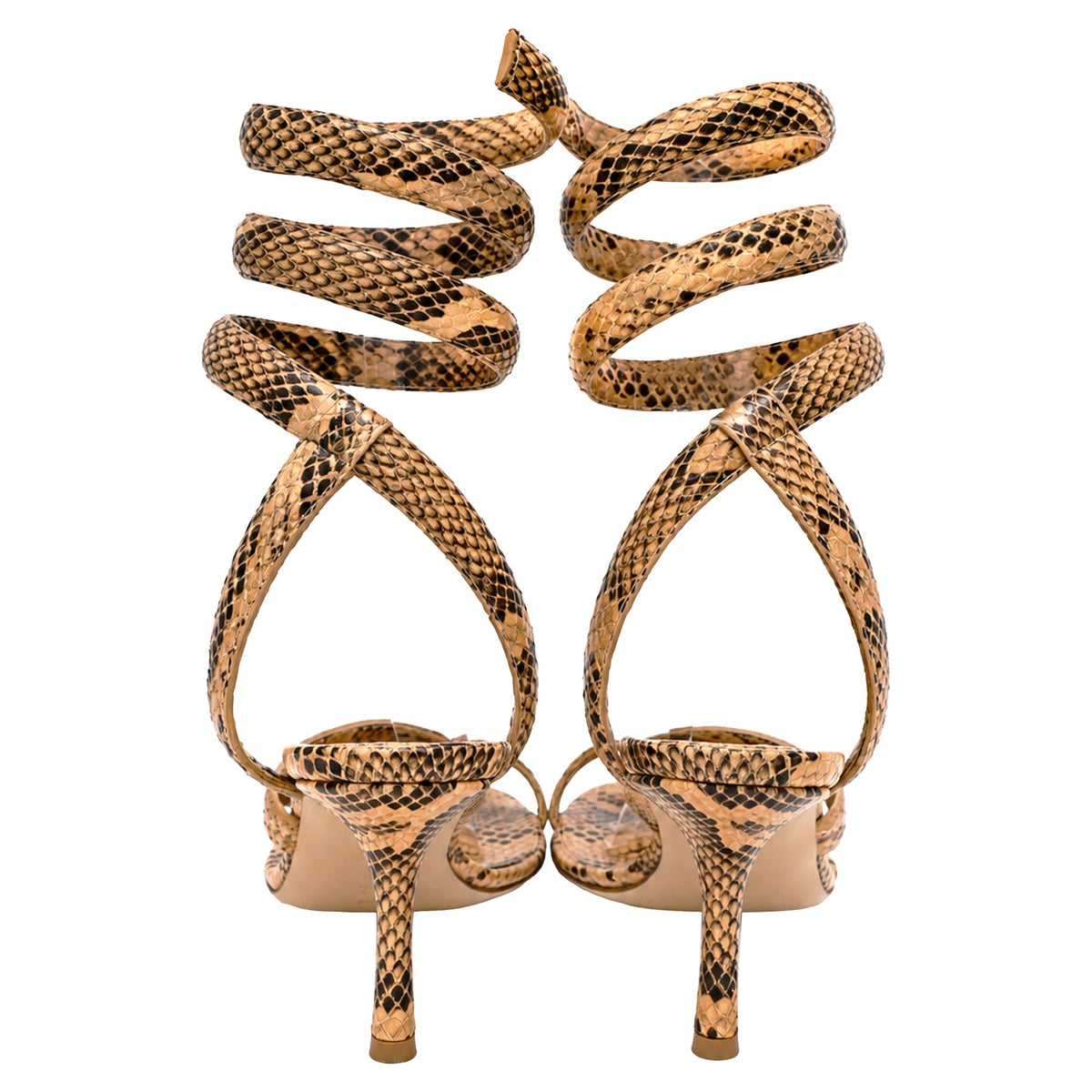 Women's  Bottega Veneta Snakeskin-Effect Wrap Around Sandal Heels in Brown Leather