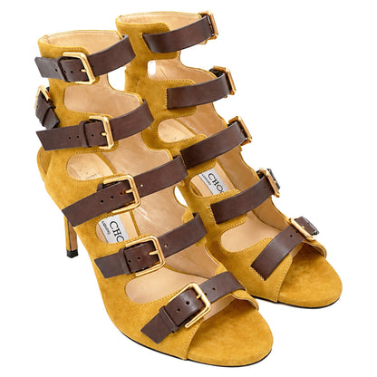 Women's Jimmy Choo Trick 110 Buckled Sandal Heels in Yellow Suede