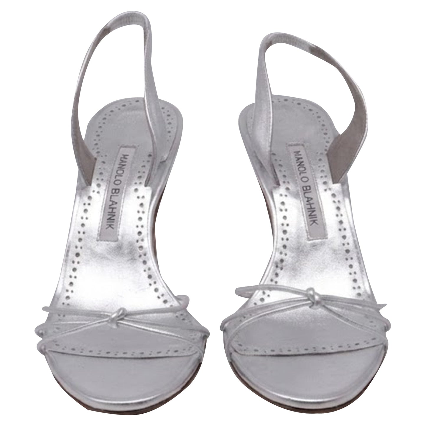 Women's Manolo Blahnik Sareta Slingback Sandal Heels in Silver Leather
