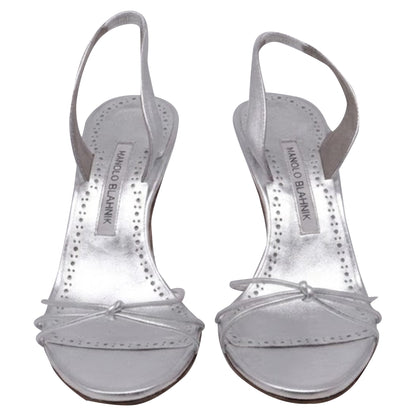 Women's Manolo Blahnik Sareta Slingback Sandal Heels in Silver Leather